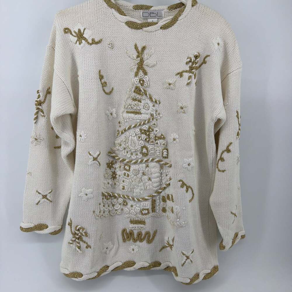 Vintage DBL Christmas Tree Sweater White Gold Women’s Sz M Holiday Grandmacore